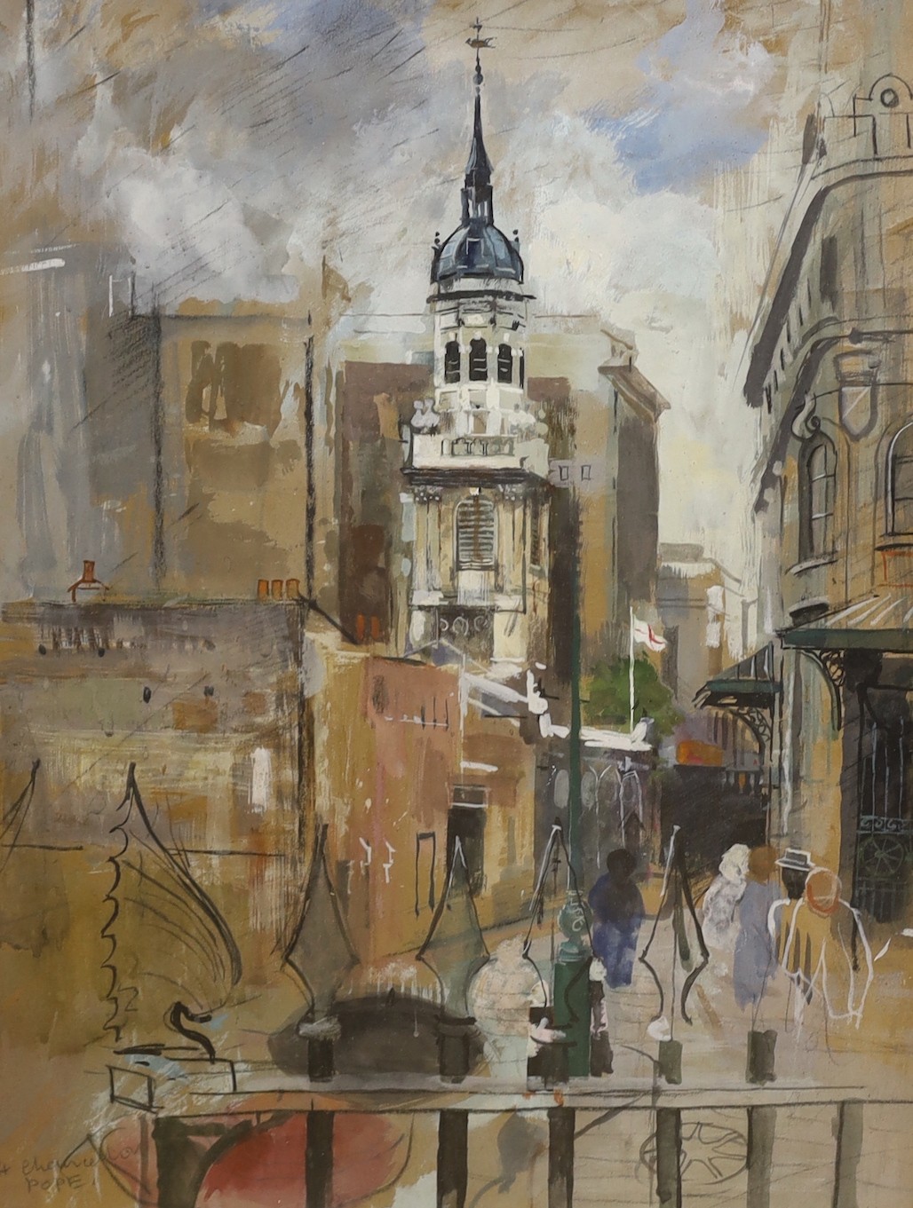 Hilda Chancellor Pope (1913-1976), watercolour and gouache, Entrance to London Bridge, signed, 42 x 32cm